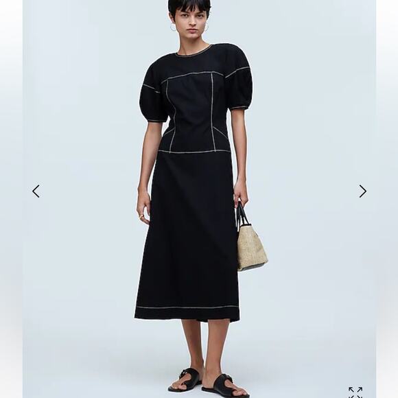 NWT Madewell Puff-Sleeve Drop-Waist Midi Dress Lightweight Cotton Black Size 0 - Picture 1 of 15